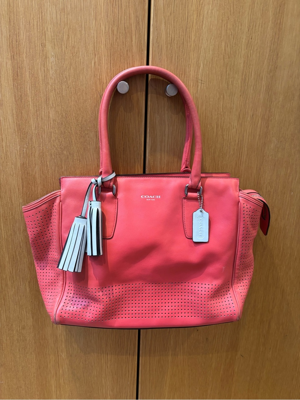 Coach Coral Perforated Leather Tote with Tassels